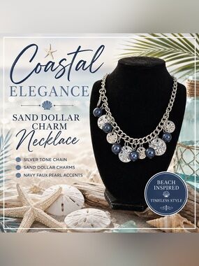 Silver Tone Sand Dollar Charm Necklace Navy Faux Pearl